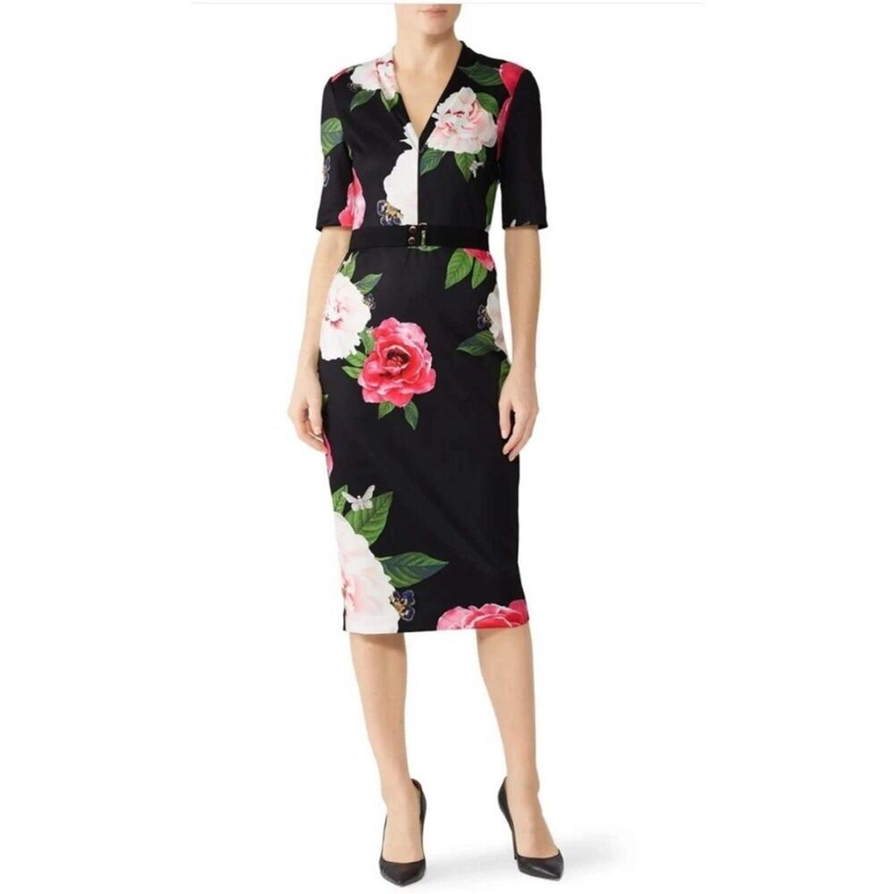 Ted Baker Gilanno black pink floral butterfly v neck sheath midi dress 3 or US 8